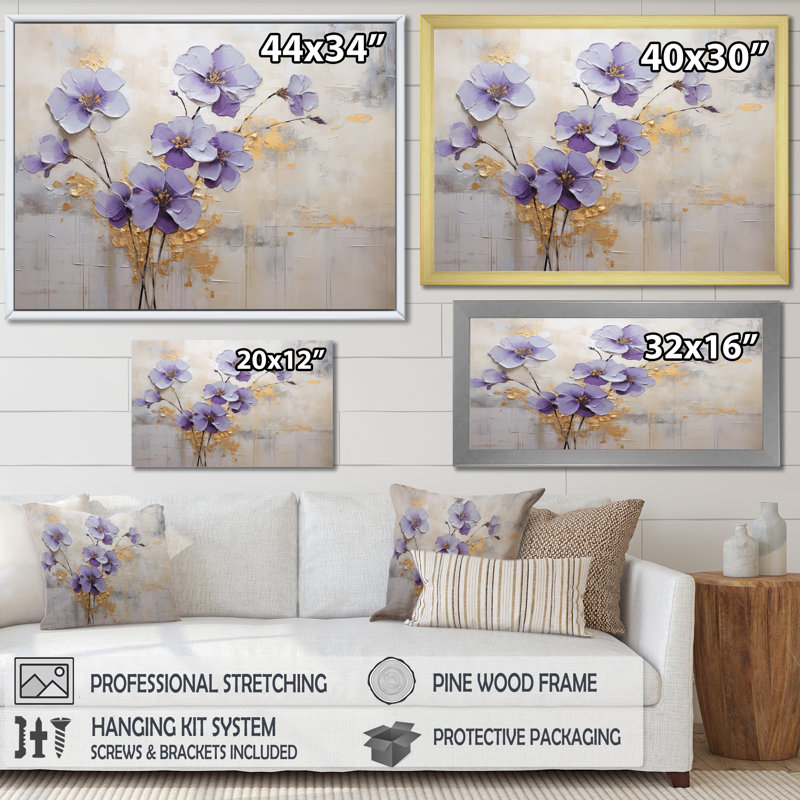 Mauve et or orné de violettes Meadow I - art mural Violettes, H 34 po x l 44 po x P 1,5 po, Cadre flottant doré