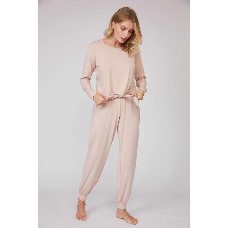 Women’s Long Sleeve 2-Piece Loungewear Set – Soft Bamboo Rayon Pajama Set, XL, Rose Pink
