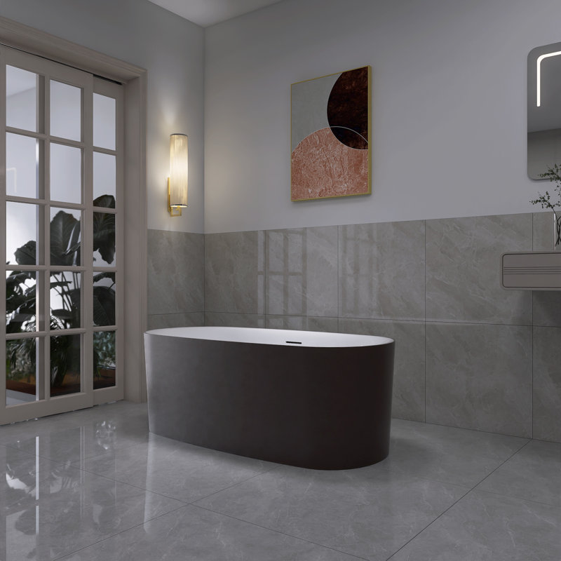 59 po X 28 po Baignoire de trempage autoportante à surface solide en degrés gris, Gris