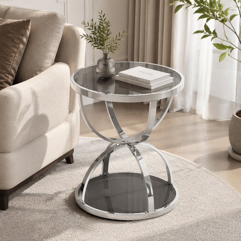 Table d'appoint ronde moderne à deux niveaux en verre de 50 cm (19,69 po), avec structure en métal annulaire, pouvant servir de table de chevet ou de table d'appoint pour le salon, la chambre et le bureau.