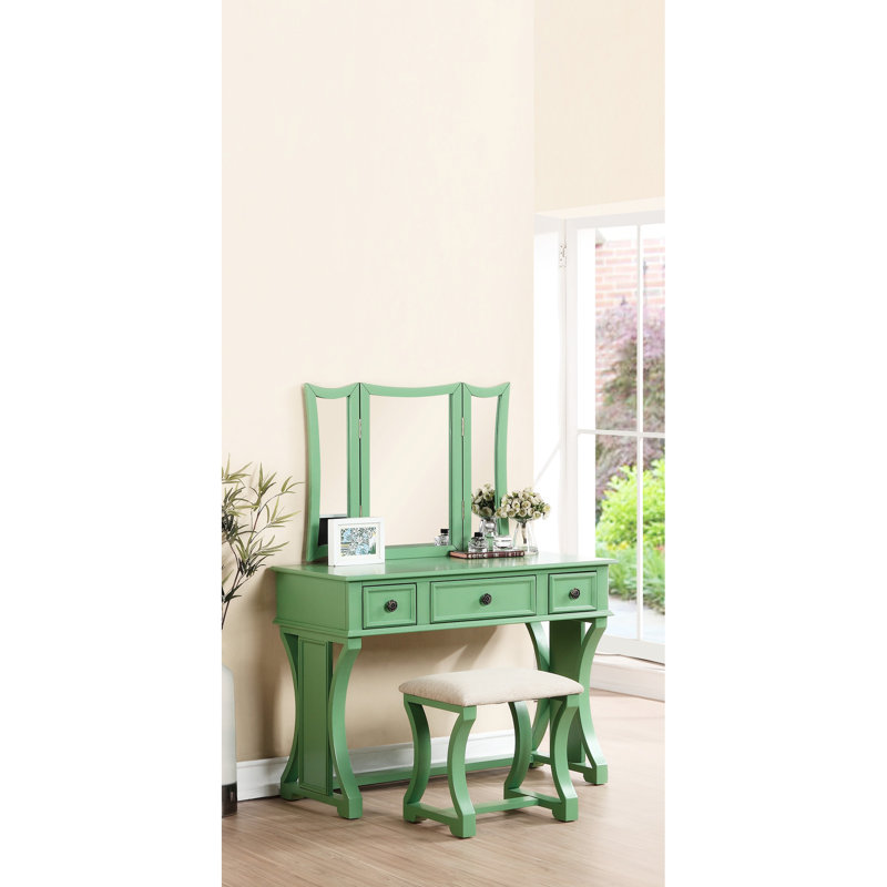 Modern Bedroom Vanity , Finish, Stool, , Rustic Wood Style W/ Veneer, Pine Design, Antique Green