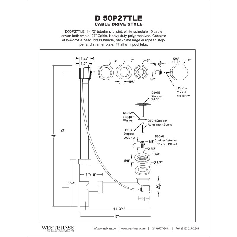 Matte Black 27" Cable Drive Bathtub Drain Trim with Poly Pipe Assembly