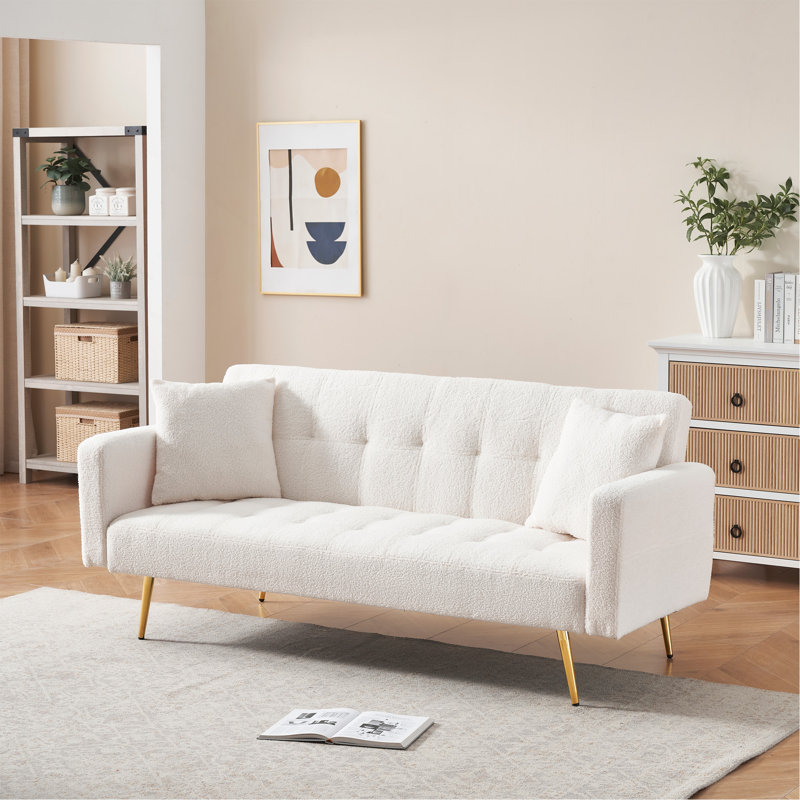 Quiniya 71.26" Modern Velvet Sofa Bed Folding Couch with Two Throw Pillows for Living Room, Beige Teddy