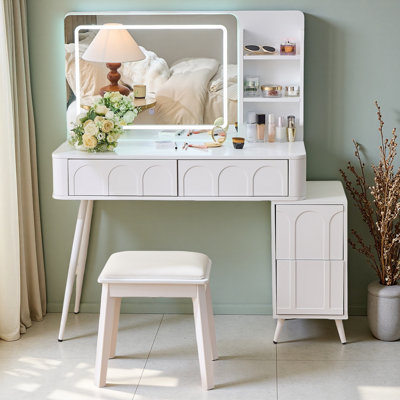 Modern Makeup Vanity Desk With LED Lights & Mirror, 4 Drawer Dressing Table Set With Stool, 3 Colors Dimmable Brightness, Space-Saving For Bedroom