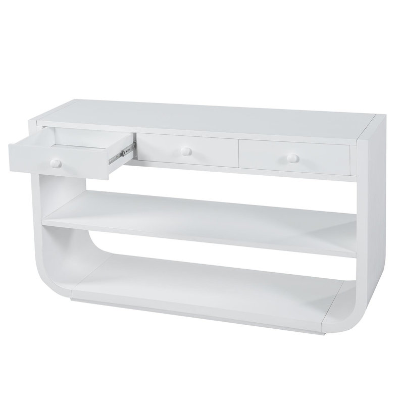 Console moderne incurvée avec 3 tiroirs à fermeture en douceur et 2 tablettes ouvertes, base en bois massif, table de vestibule pour vestibule, blanc