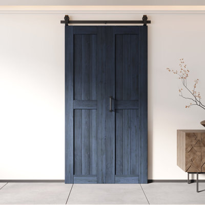 Homacer 84“ High Unassembled & Finished Navy Barn Door, Two 24" x 84" Doors with Bi-Fold Top Mount Hardware Kit