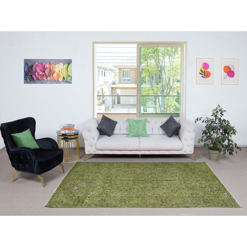 5.2x8.6 Ft Modern Style Floral Patterned Area Rug in Green, Handmade in Turkey