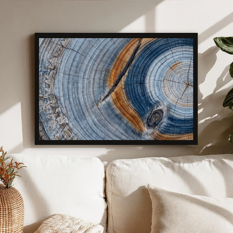 Art sur toile, souche d'arbre avec anneaux de croissance bleus et bruns, H 24 po x l 36 po