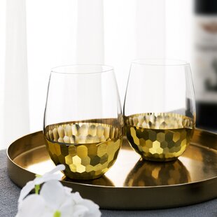 Bezrat Hand Painted Wine Glasses Set of 2, Gold 28 oz. Large Glass