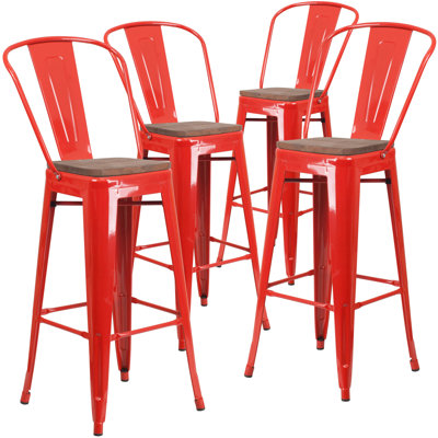 Margherite Modern Bistro Metal Dining Stool with Curved Vertical Slat Back and Wood Seat