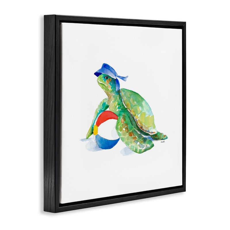 «Turtle & Beach Ball», art mural encadré par Lanie Loreth, Cadre flottant noir de jais, H 25 po x l 25 po