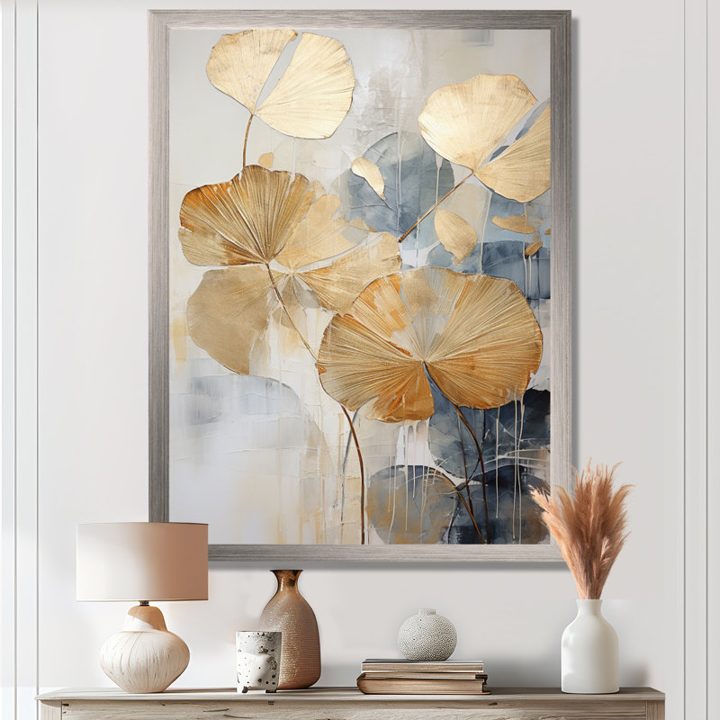 Plamier beige moderne I - art mural bord de mer tropical, H 40 po x l 30 po x P 1,5 po, Cadre simple argenté