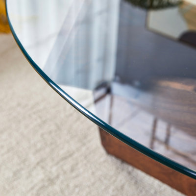 Round Glass Coffee Table With Tempered Top And Walnut Colored Legs For Modern Interiors Home Decor