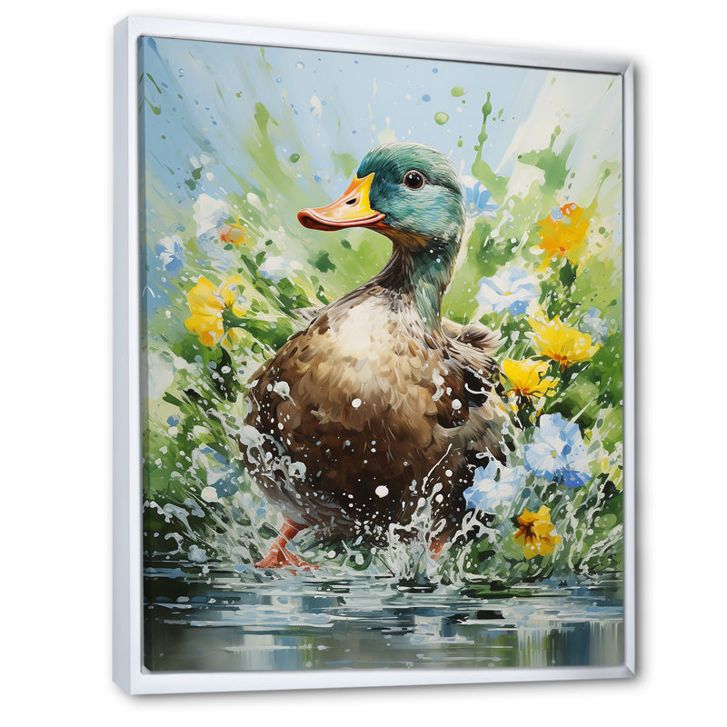 «Duck Springtime Splash Blooms», art mural canard, H 44 po x l 34 po x P 1,5 po, Cadre flottant blanc
