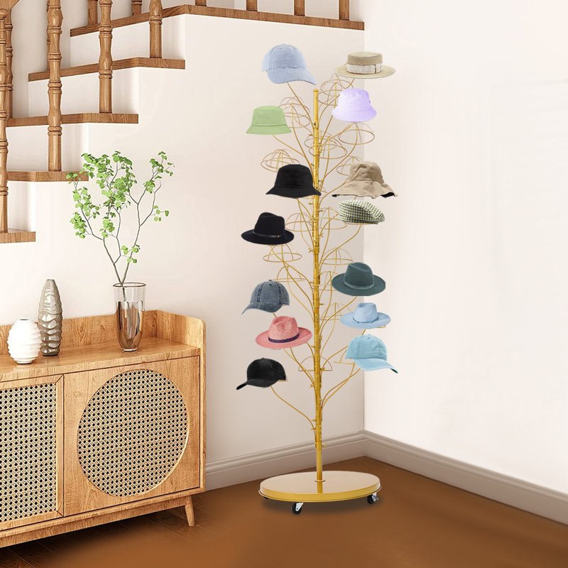 Gold 19.69" W x 19.69" D x 68.90" H Tree-Like Hat Rack, 35-Tier Metal Boutique Display Stand with Dome-Shaped Holders, Gold