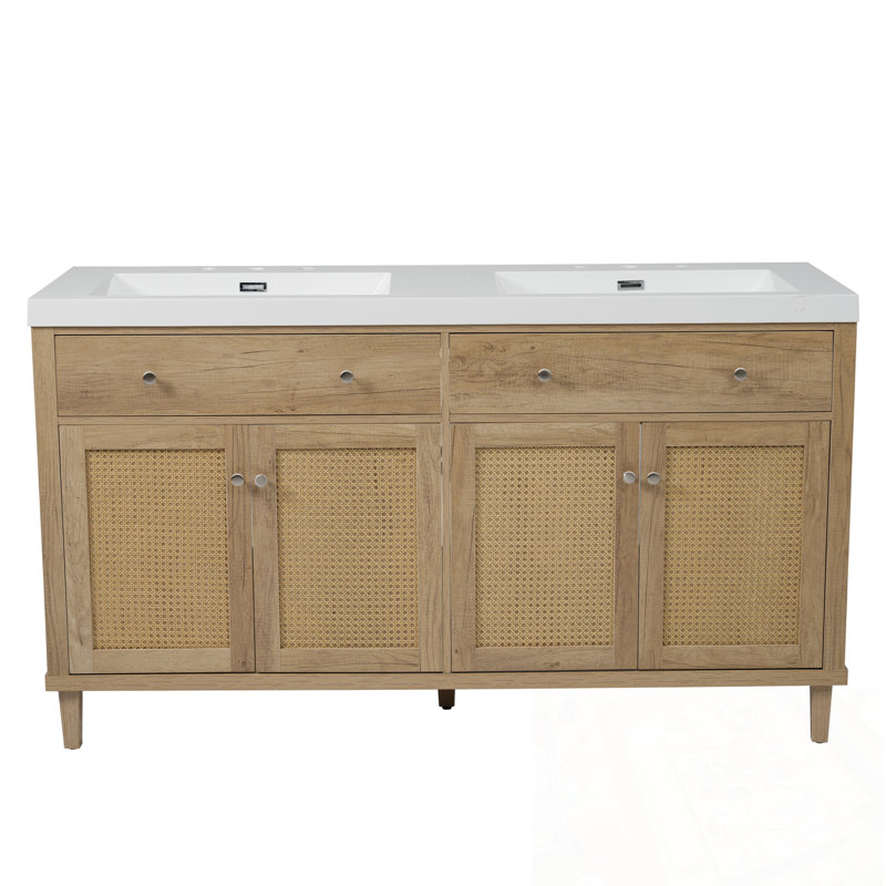 Meuble-lavabo de salle de bain avec double lavabo, 2 tiroirs rabattables et 4 portes à fermeture douce, Naturel