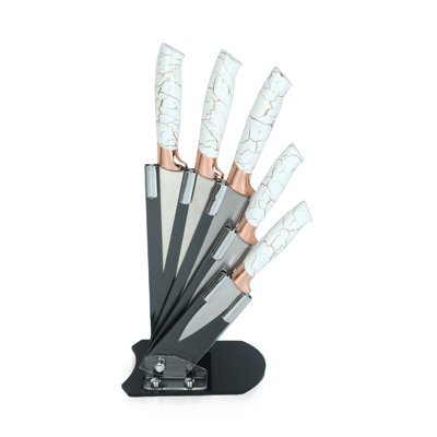 ROYALFORD 5 Piece Kitchen Knife Rose Gold Coating with Knife Holder, Multifunctional - White