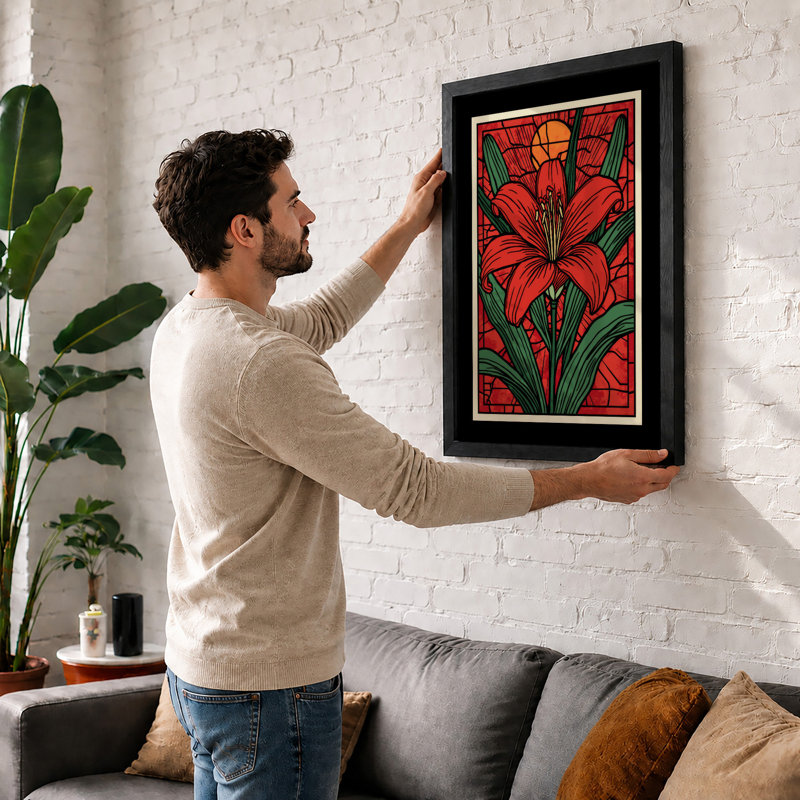 Red Lily Bloom Botanical - Print, A1 - 84.1 x 59.4 cm, Black