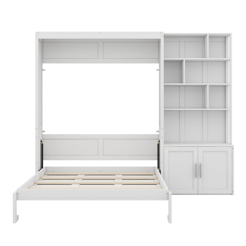Lit escamotable double avec plusieurs tablettes de rangement et une armoire