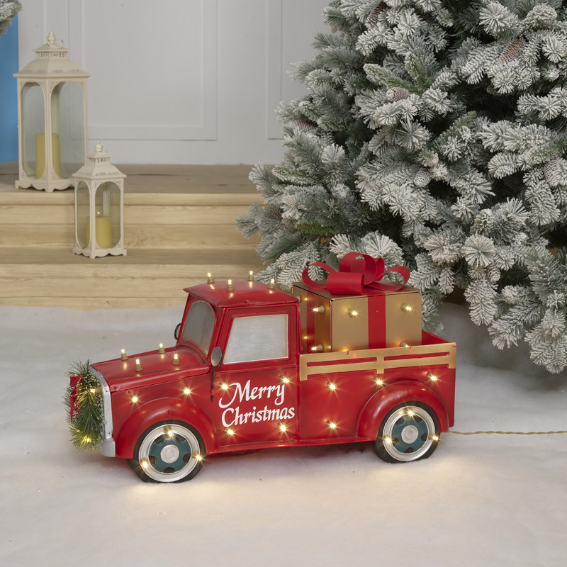 Red Metal LED Truck with Gift Box Sculpture, 28-inch