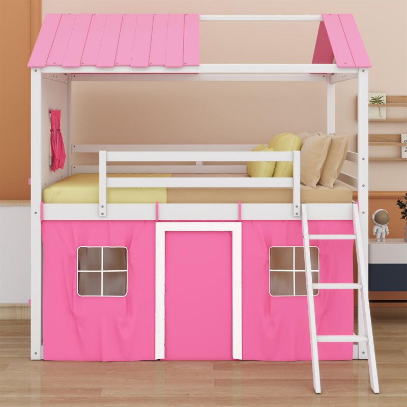 Lit double en bois avec lits élégants et fenêtres élégantes, Twin, Rose/Blanc