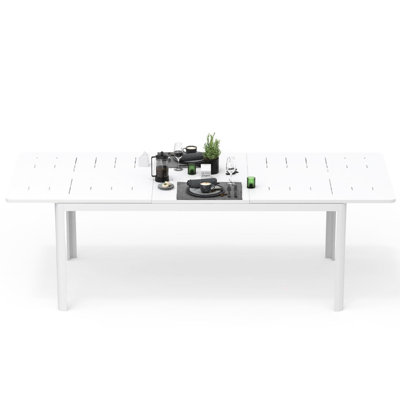 Table de patio extensible à 94,49 po, aluminium blanc métallique pour 6 à 8, bistro de jardin rectangulaire en blanc, construction 6 à 8 personnes, météo,