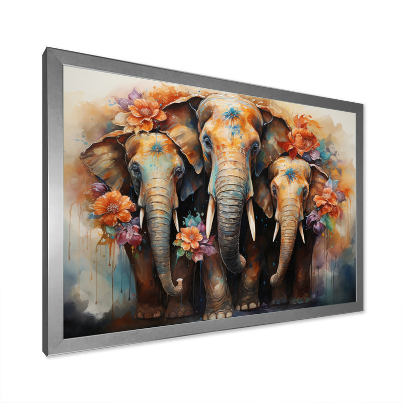 Art asiatique, éléphants thaïlandais - impression, Cadre photo argenté, H 16 po x l 32 po x P 1 po