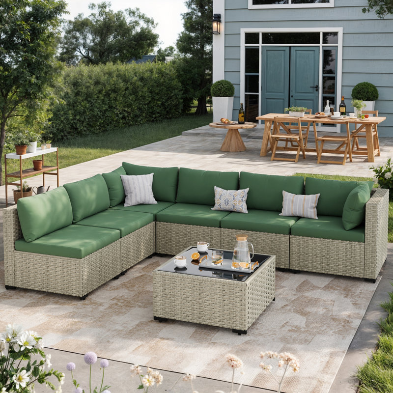 7 Pieces  Design-Oriented Rattan Patio Conversation Sets With Cushions, Green