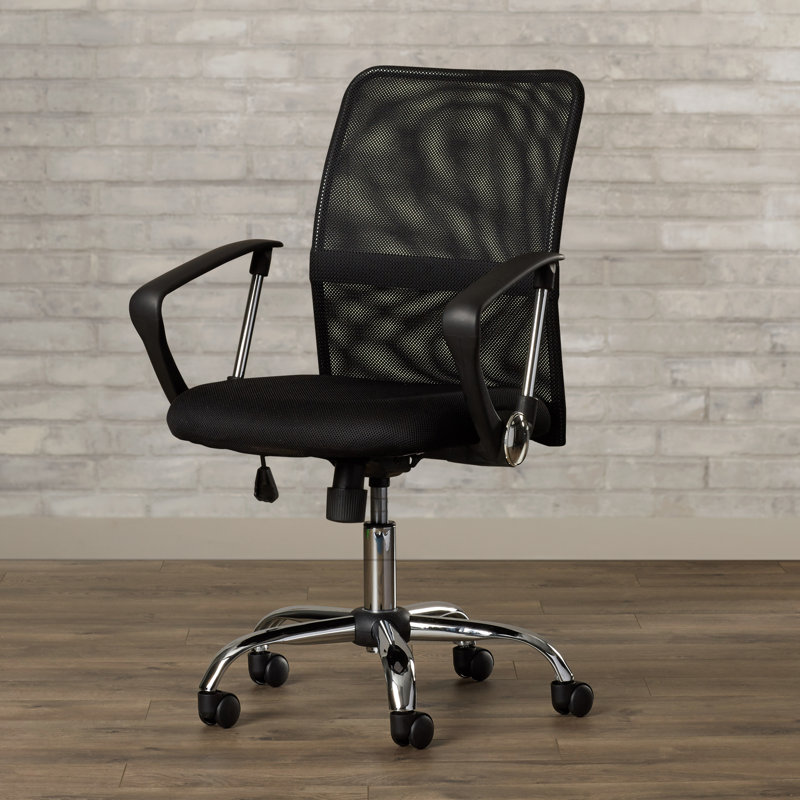 Chaise de bureau contemporaine pivotante à dossier moyen en maillage avec accoudoirs et bande de soutien lombaire