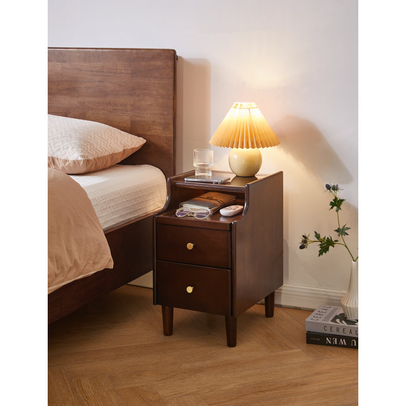 Solid Wood Nightstand with 2 Drawers and Pull‑Out Panel, Multipurpose Bedside Table & Sofa Side Table for Bedroom Living Room
