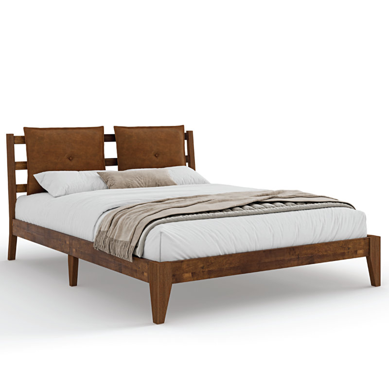 Lit en bois massif Goggin avec tête de lit en peluche amovible, Grand, Marron