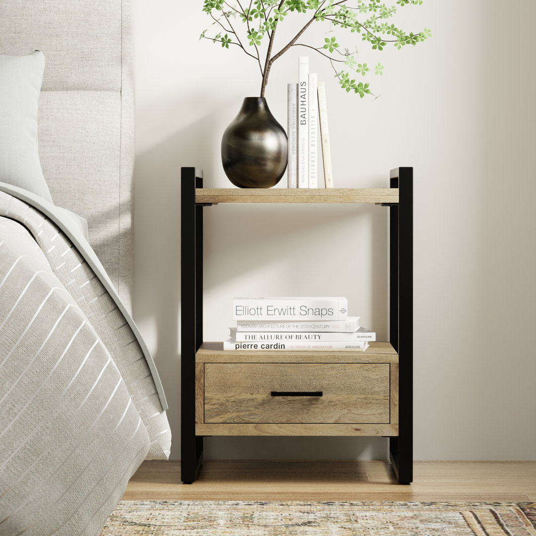 Riverside 22"W Solid Mango Wood Bedside Table with Large Drawer and Metal Frame Simpli Home