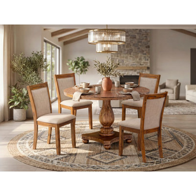 5-Piece Modern Dining Set - Kitchen Table and 4 Light Tan Color Parson Chairs with High Back - Antique Walnut Finish