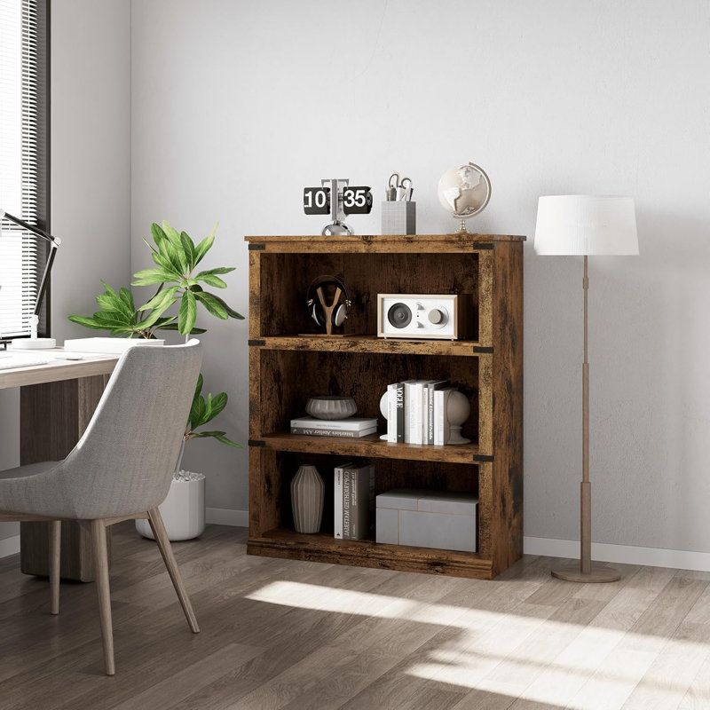 3-Tier Farmhouse Wooden Bookcase, Freestanding Open Storage Display Shelf with Rustic Finish, Wall Anchor & Rear Stabilizer, for Home, Bedroom and Office