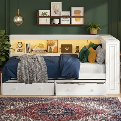 86 Inch Wide Full Size Wood Daybed With LED Lighting Charging Station And 2 Drawers Antique Wood