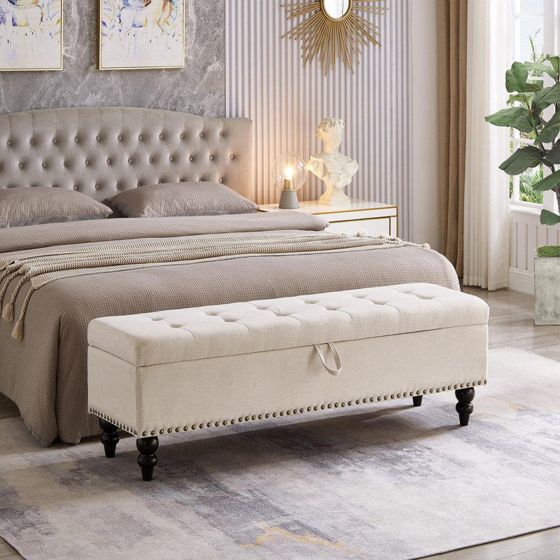 Banc repose-pieds 59 po avec rangement en tissu beige