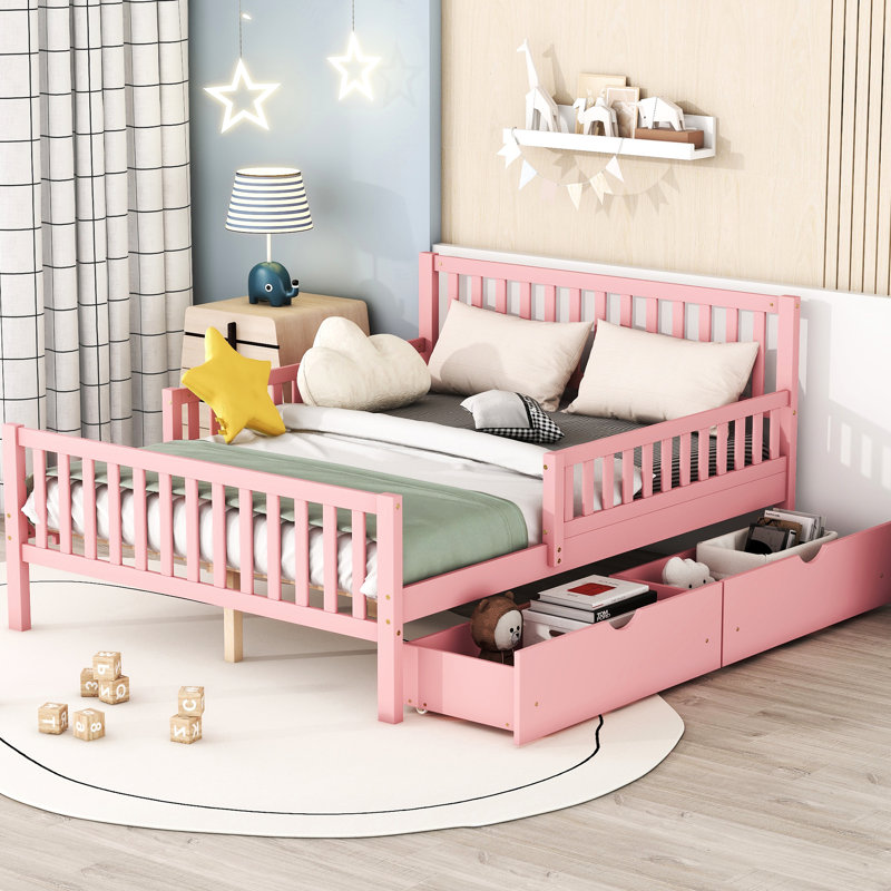 Lit plateforme en bois massif rose avec garde-corps, solutions de rangement et utilitaire, Lit double, Rose