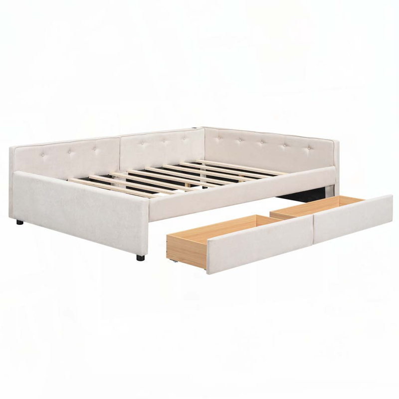 Lit de jour rembourré avec tiroirs, Beige, Double