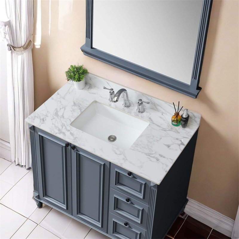 Bathroom Vanity Top,Sintered Stone Carra   Barthroom Vanity Sink Tops With Rectangular Undermount Ceramic Sink With Vanity Backsplash, Three Faucet Hole Bathroom Vanity Countertop