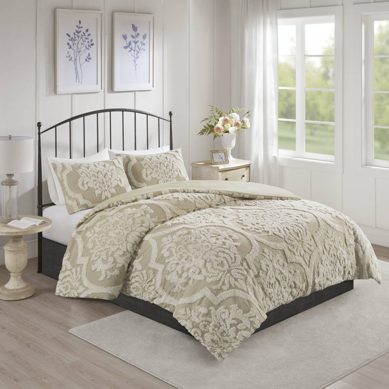 Viola Tufted Cotton Chenille Damask 3 Piece Duvet Set, King/Cal. King Duvet Cover + 2 King Shams, Taupe