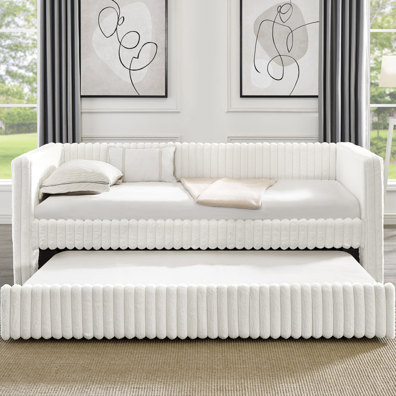 Lit de jour simple en tissu beige - Se retire pour une gestion efficace de l'espace avec une relaxation accrue du lit, Beige
