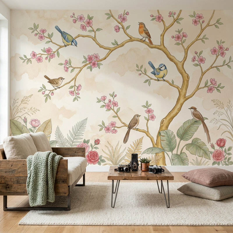 Murale fleurs de cerisier avec fleurs et oiseaux chanteurs, 100 po x 96 po, Peler et coller