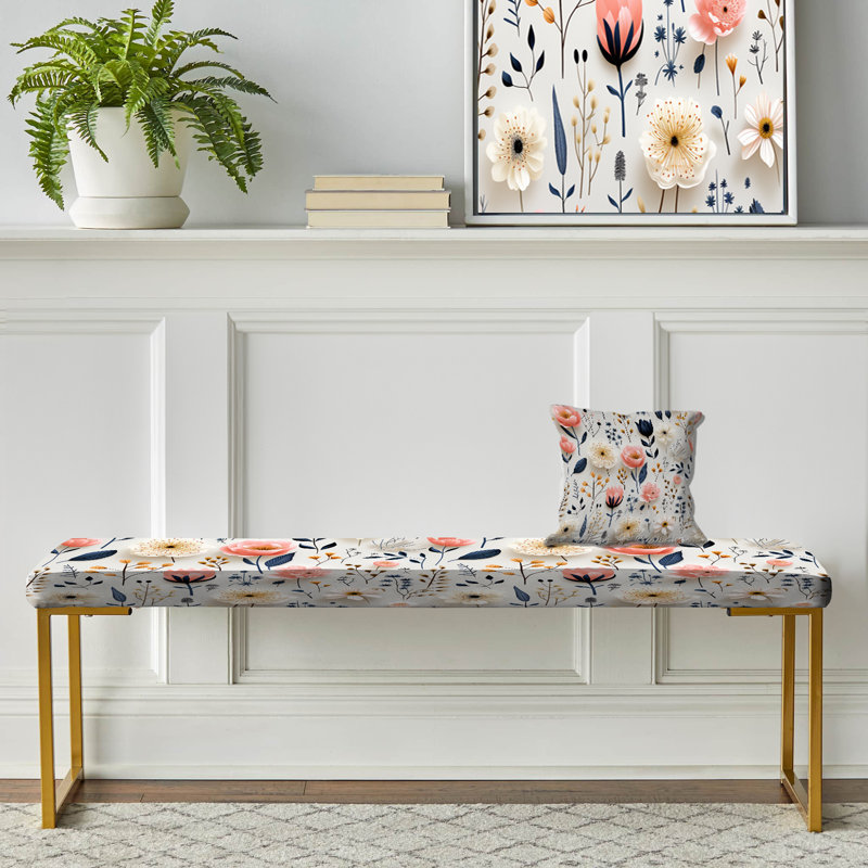 Banc floral rembourré or, Blanc et rose, fleurs nordiques, sérénité