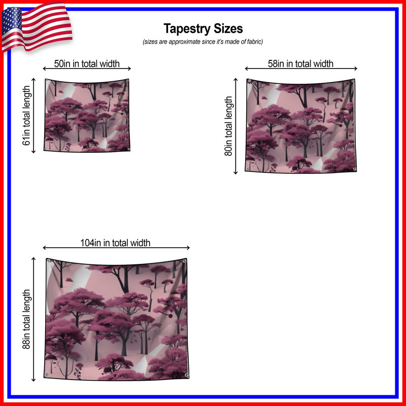 Tapisserie murale paysage de forêt rose - Décoration murale arbres, 104 po H x 88 po avec 4 œillets