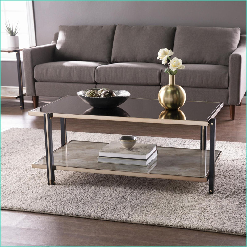 Table basse Champagne avec plateau à miroir et rangement - Élégante pièce maîtresse du salon