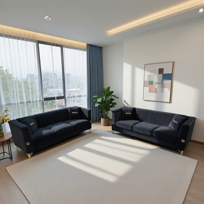 Ensemble de 2 canapés en velours noir, 2 canapés 3 places modernes avec coussins moelleux et pieds en métal doré pour un salon élégant