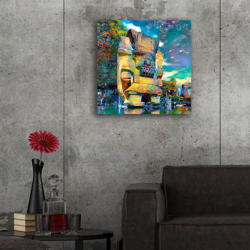  «Mexico City Tlaloc» par Pedro Gavidia, art mural en verre acrylique, 24 po x 24 po