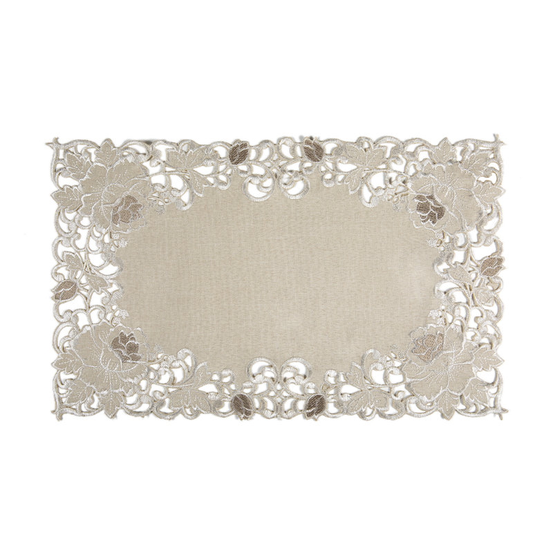 Scrolling Rose Embroidered Cutwork Tray Cloth
