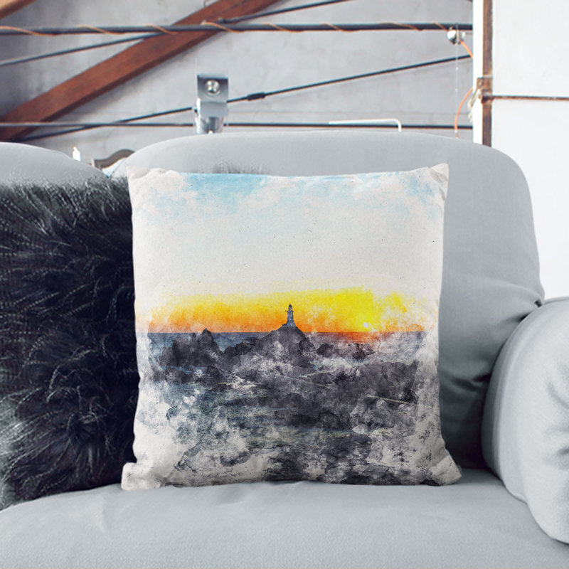 Lighthouse in Jersey Watercolour Cushion with Filling, 40cm H x 40cm W x 15cm D, Stone