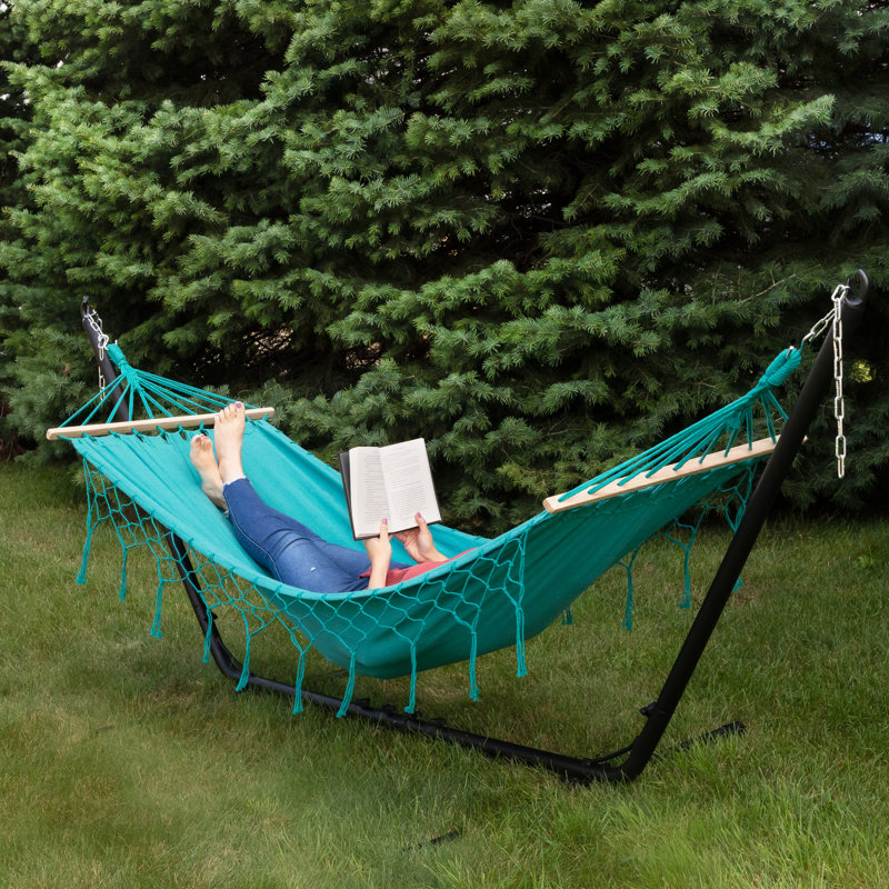 Hammock With Netted Fringe And Wooden Bars - 100" X 41", Teal Green